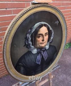 Tableau ancien Portrait Femme Noble signé. Peinture huile sur toile