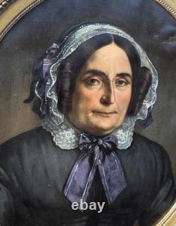 Tableau ancien Portrait Femme Noble signé. Peinture huile sur toile