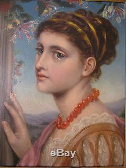 Tableau ancien Portrait Huile Jeune Femme XIXe Préraphaélite Symbolisme Cadre