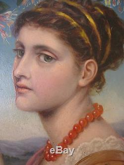 Tableau ancien Portrait Huile Jeune Femme XIXe Préraphaélite Symbolisme Cadre