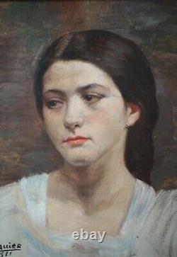 Tableau ancien, Portrait, Jeune femme, 1911, Huile sur toile, Signé à identifier