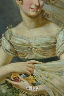 Tableau ancien Portrait Jeune femme Costume Paysage Voile fleur 1er Empire hst