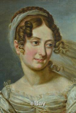 Tableau ancien Portrait Jeune femme Costume Paysage Voile fleur 1er Empire hst