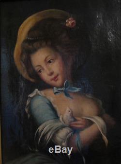 Tableau ancien Portrait XVIIIe Enfant Huile Toile Jeune Fille à la colombe/Rose