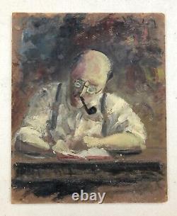 Tableau ancien, Portrait d'homme à la lecture, Huile sur carton, Début XXe