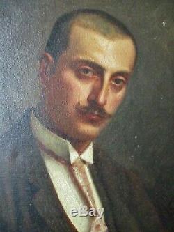Tableau ancien Portrait d'homme, peinture huile toile XIXe signé à identifier