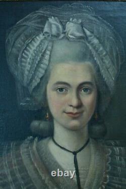 Tableau ancien Portrait d'une jeune femme Costume Louis XVI marie Antoinette 18e