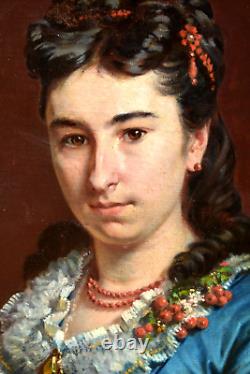 Tableau ancien Portrait dame de qualité école Française signé époque XIXème