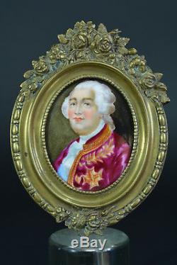 Tableau ancien Portrait de Louis XVI Roi de France Porcelaine Cadre bronze 19e