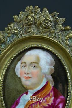 Tableau ancien Portrait de Louis XVI Roi de France Porcelaine Cadre bronze 19e