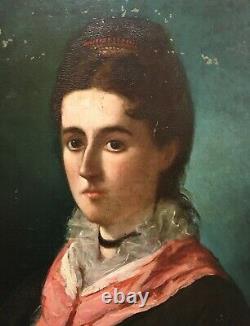 Tableau ancien, Portrait de femme, Huile sur panneau, Peinture XIXe