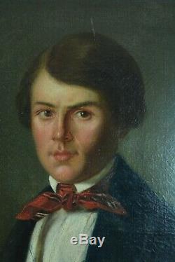 Tableau ancien Portrait de jeune homme Costume Redingote Foulard Rouge HST 1820