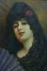 Tableau ancien Portrait jeune femme Mantille éventail Fan Sans Castano Espagne
