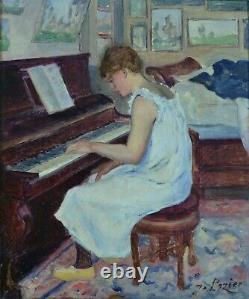 Tableau ancien Portrait jeune fille piano Pont Aven Impressionniste J. Pozier