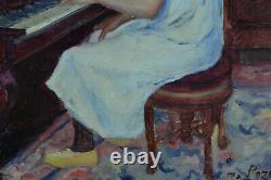Tableau ancien Portrait jeune fille piano Pont Aven Impressionniste J. Pozier