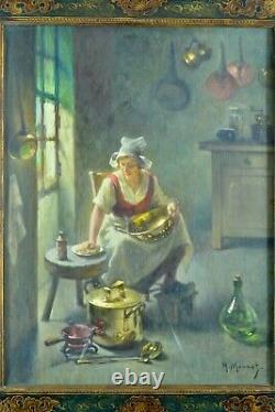 Tableau ancien Portrait servante Nettoyage des cuivres cuisine Monnot Bail 19e