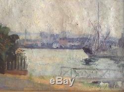 Tableau ancien Postimpressionniste Magdeleine HUE Marine Bateau Port Rouen Huile