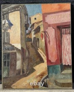 Tableau ancien Raymond Pallier (1887-1943) Rue Vieux Cagnes s Mer Huile Cubisme