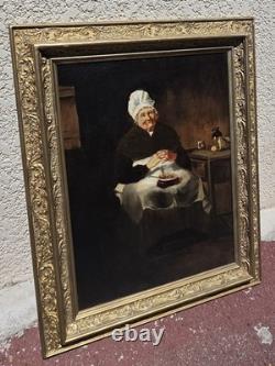 Tableau ancien. Scène de Genre. Peintre huile sur toile