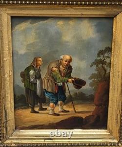 Tableau ancien. Scène de genre. Peinture huile sur toile Reposant sur carton