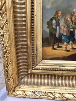 Tableau ancien. Scène de genre. Peinture huile sur toile Reposant sur carton