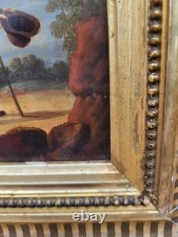 Tableau ancien. Scène de genre. Peinture huile sur toile Reposant sur carton