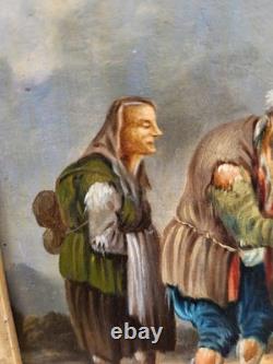 Tableau ancien. Scène de genre. Peinture huile sur toile Reposant sur carton