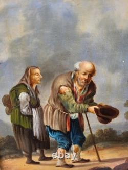 Tableau ancien. Scène de genre. Peinture huile sur toile Reposant sur carton