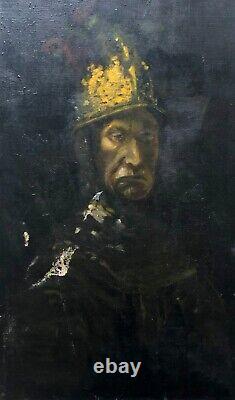 Tableau ancien, Soldat casqué, Portrait, Huile sur toile, Peinture, Début XXe