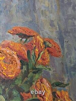 Tableau ancien VINCENT ANGLADE fleurs souci bouquet signé daté encadré Van Gogh