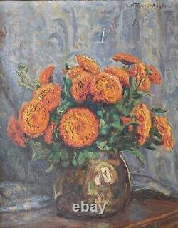 Tableau ancien VINCENT ANGLADE fleurs souci bouquet signé daté encadré Van Gogh