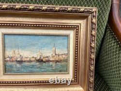 Tableau ancien Vue de Venise Huile sur panneau encadré signée LEROUX