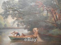 Tableau ancien XIX 19 siècle Albert F LAURENS peinture pecheur bord rivière