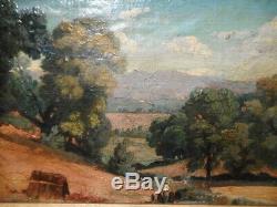 Tableau ancien XIX 19 siècle peinture gout école Barbizon paysage campagne