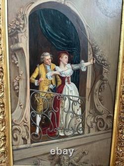 Tableau ancien XIX ème signé B. Olivier scène galante au balcon  grand format