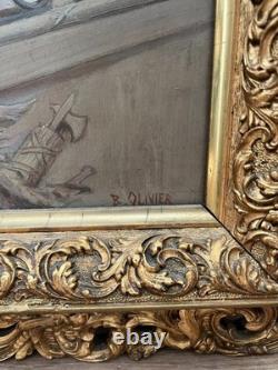 Tableau ancien XIX ème signé B. Olivier scène galante au balcon  grand format