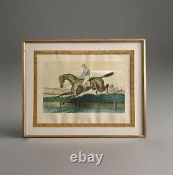 Tableau ancien XIX gravure Albert ADAM Steeple-Chase chevaux hippisme courses