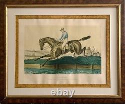 Tableau ancien XIX gravure Albert ADAM Steeple-Chase chevaux hippisme courses