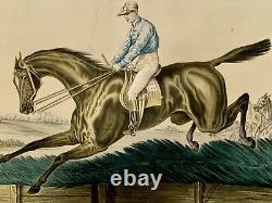 Tableau ancien XIX gravure Albert ADAM Steeple-Chase chevaux hippisme courses