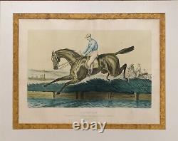 Tableau ancien XIX gravure Albert ADAM Steeple-Chase chevaux hippisme courses