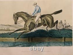 Tableau ancien XIX gravure Albert ADAM Steeple-Chase chevaux hippisme courses