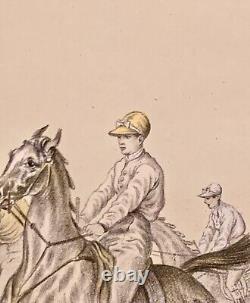 Tableau ancien XIX gravure Albert ADAM Steeple-Chase chevaux hippisme courses