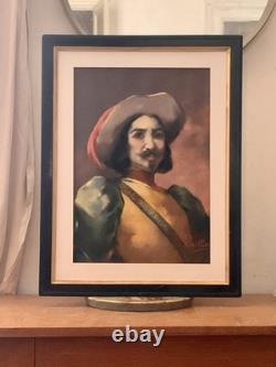 Tableau ancien XIX pastel portrait mousquetaire Fernand Paillet cadre Napoléon