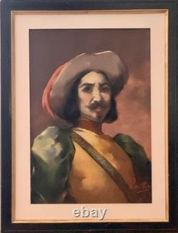 Tableau ancien XIX pastel portrait mousquetaire Fernand Paillet cadre Napoléon
