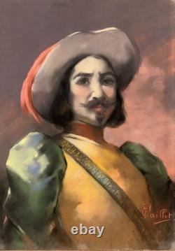 Tableau ancien XIX pastel portrait mousquetaire Fernand Paillet cadre Napoléon