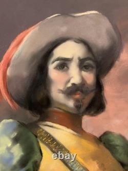 Tableau ancien XIX pastel portrait mousquetaire Fernand Paillet cadre Napoléon