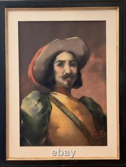 Tableau ancien XIX pastel portrait mousquetaire Fernand Paillet cadre Napoléon