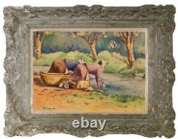 Tableau ancien XIX paysage animé les lavandières Impressionnisme signe Isnard