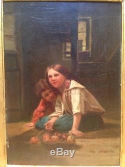 Tableau ancien XIXe Portrait d'enfants Huile sur bois Signé AUBRY cadre Deforge