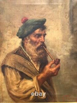 Tableau ancien XIXe de Raffaele Frigerio portrait de marin à la pipe Italy